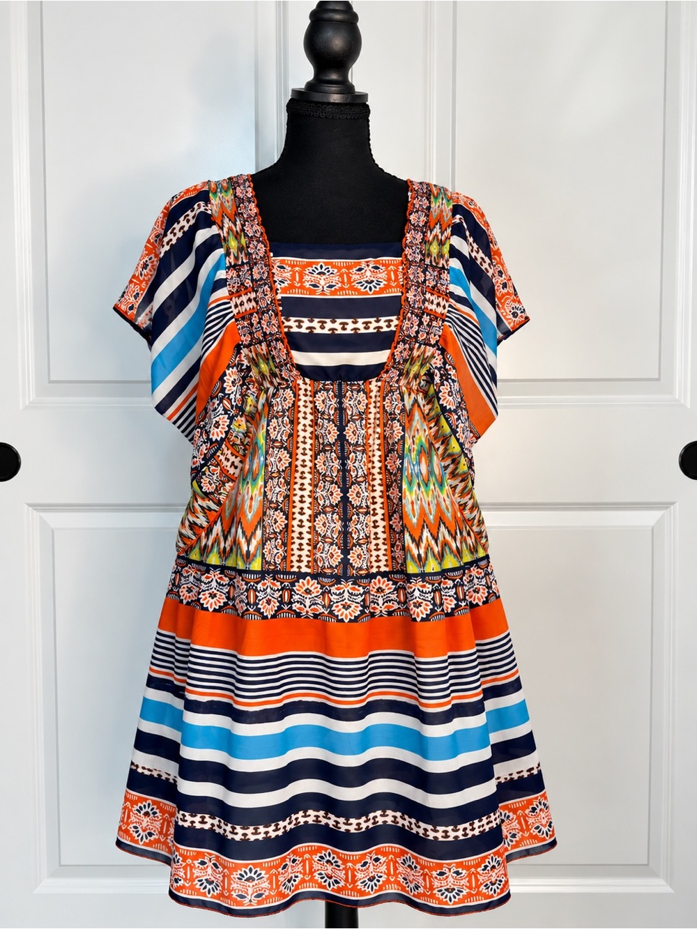 ONE WORLD Multi-Color Boho Stripe Dress - Orange & Blue